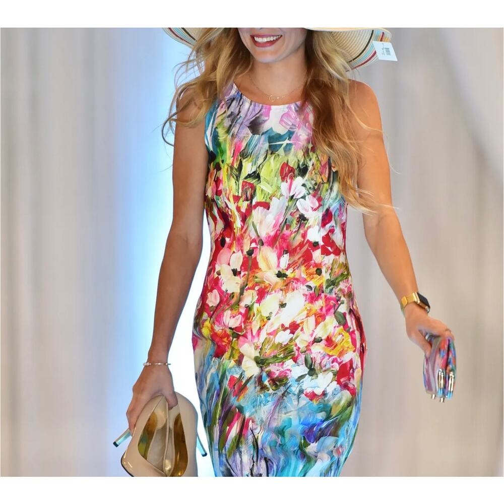 Joseph Ribkoff Floral Sheath Dress Size 6 Watercolor Wedding Guest